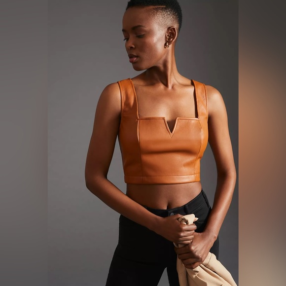 Anthropologie Tops - ANTHROPOLOGIE Maeve Faux Leather Notch Cropped Tank Top Caramel Brown Size 2